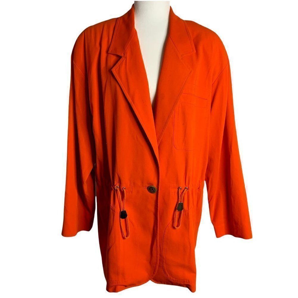Vintage 80s Anne Klein Anorak Utility Jacket 12 Orange Pocket Drawstring Waist